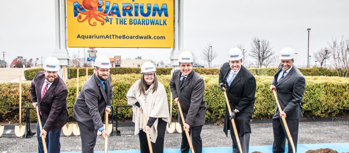 Ground Breaking for the "Aquarium At The Boardwalk," Jeff Seifried, CEO, Branson CVB, (left); Chuck O'Day, Director of New Development, Kuvera Partners; Karen Best, Branson Mayor; Tej Sunder Kuvera Partner; Jonas Aires, Taney County Partnership; and Raubi Sunder, Kuvera Partner.