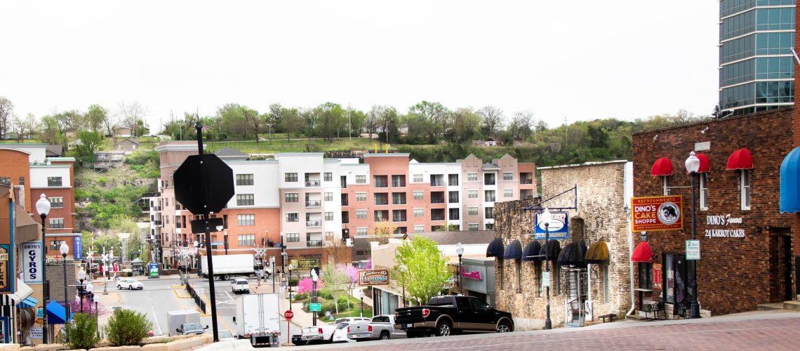 View of Branson Landing from corner of Mains and Commercial Street in Historic Downtown Branson.