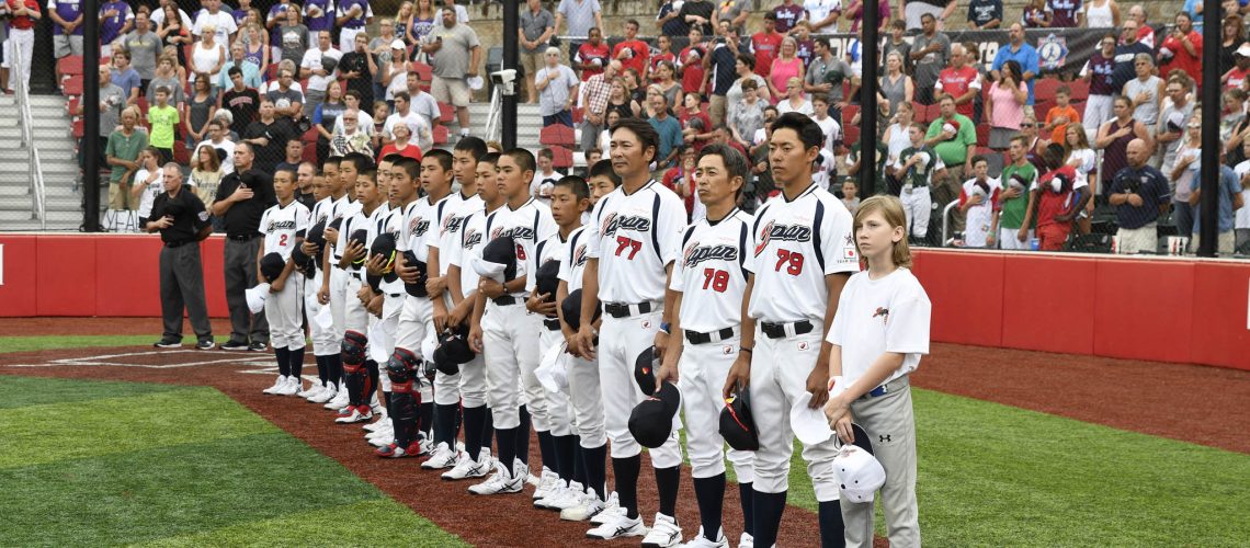 Japan’s 2018 team stands in respect as the National Anthem is sung at Ballparks of America.